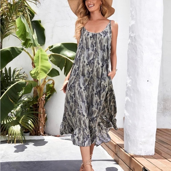 NWT XXXL BUENOS NINOS Women's Camo V Neck Floral Maxi Dress/with Pockets - Picture 4 of 6